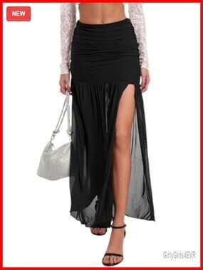 Side Ruched Sheer Mesh Maxi Skirt Flowy Pleated Slit Hem Bodycon Long Skirt